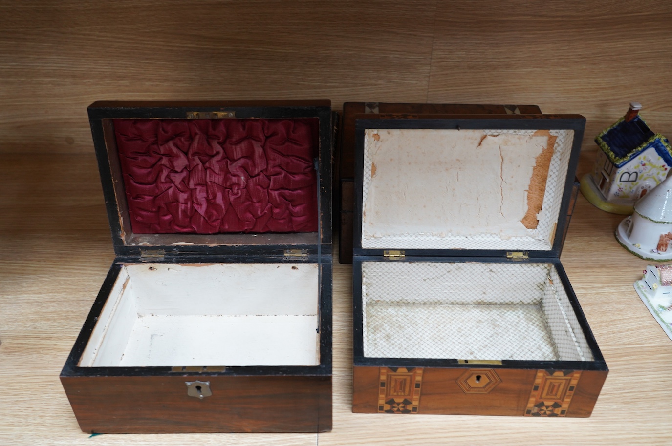 A rosewood military box, a mother-of-pearl inlaid box, another similar box, an inlaid box and plainer box (5). Condition - fair to good